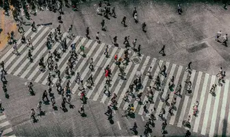 An aerial view of a street and people