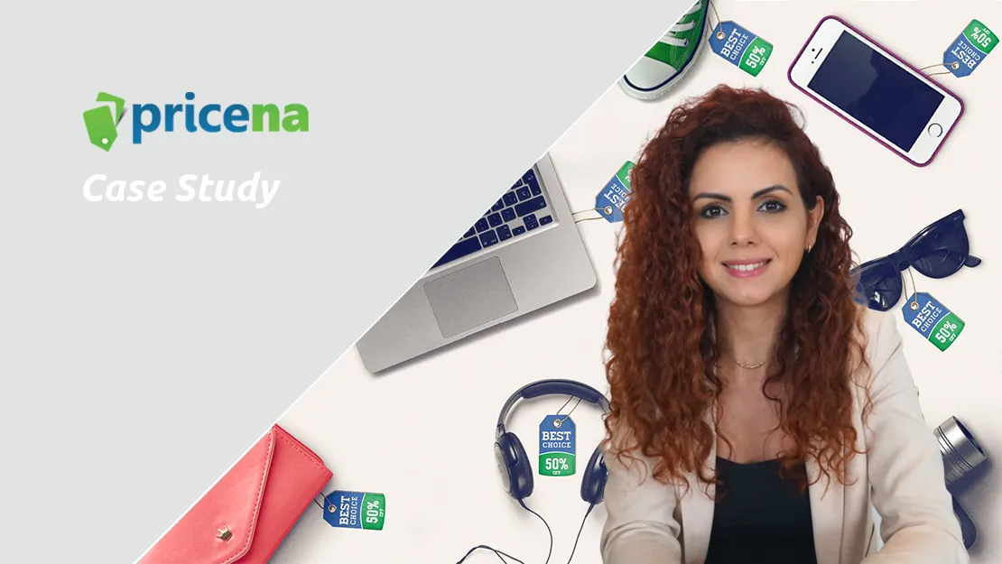A young lady and text five years of software development service for Pricena