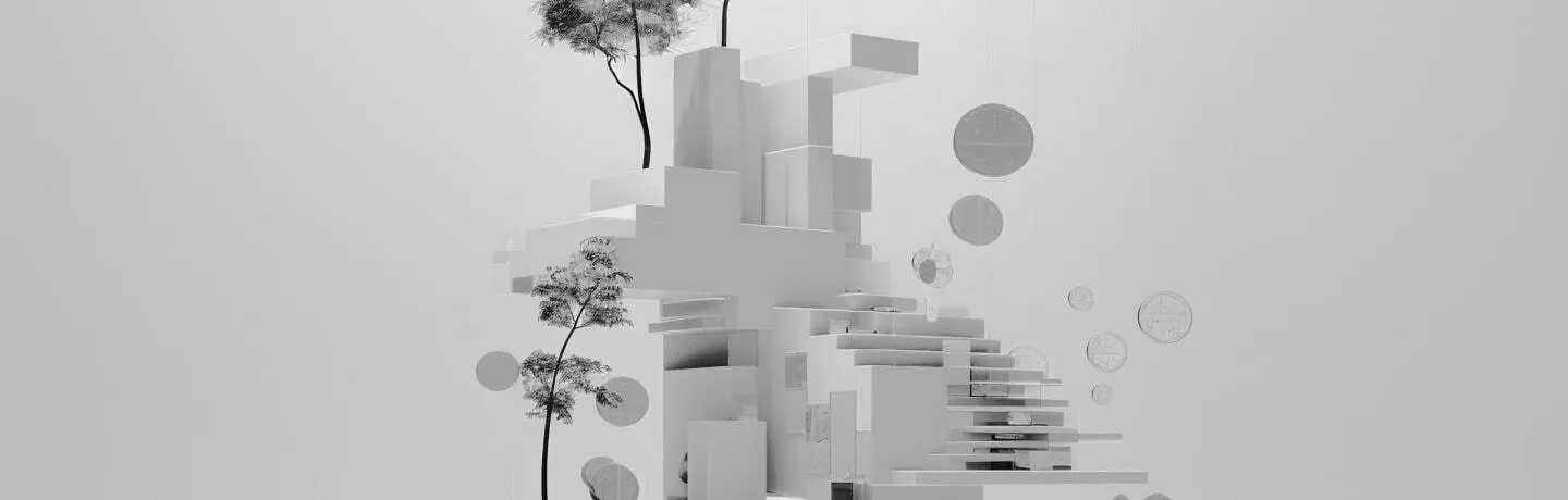 Abstract grayscale composition featuring geometric shapes resembling city buildings and scattered spheres
