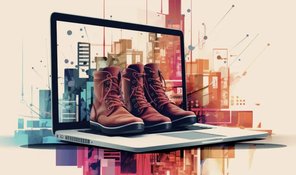 Leather boots on a laptop with abstract background