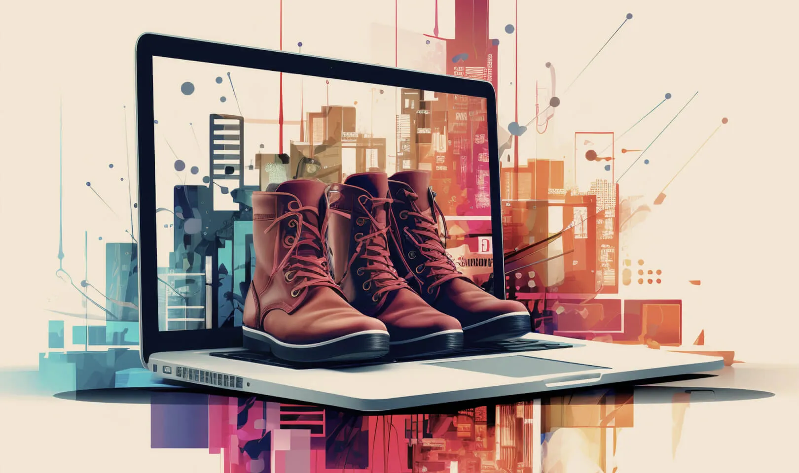 Leather boots on a laptop with abstract background