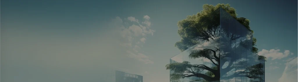 Blue skies, large tree, and glass squares forming a building