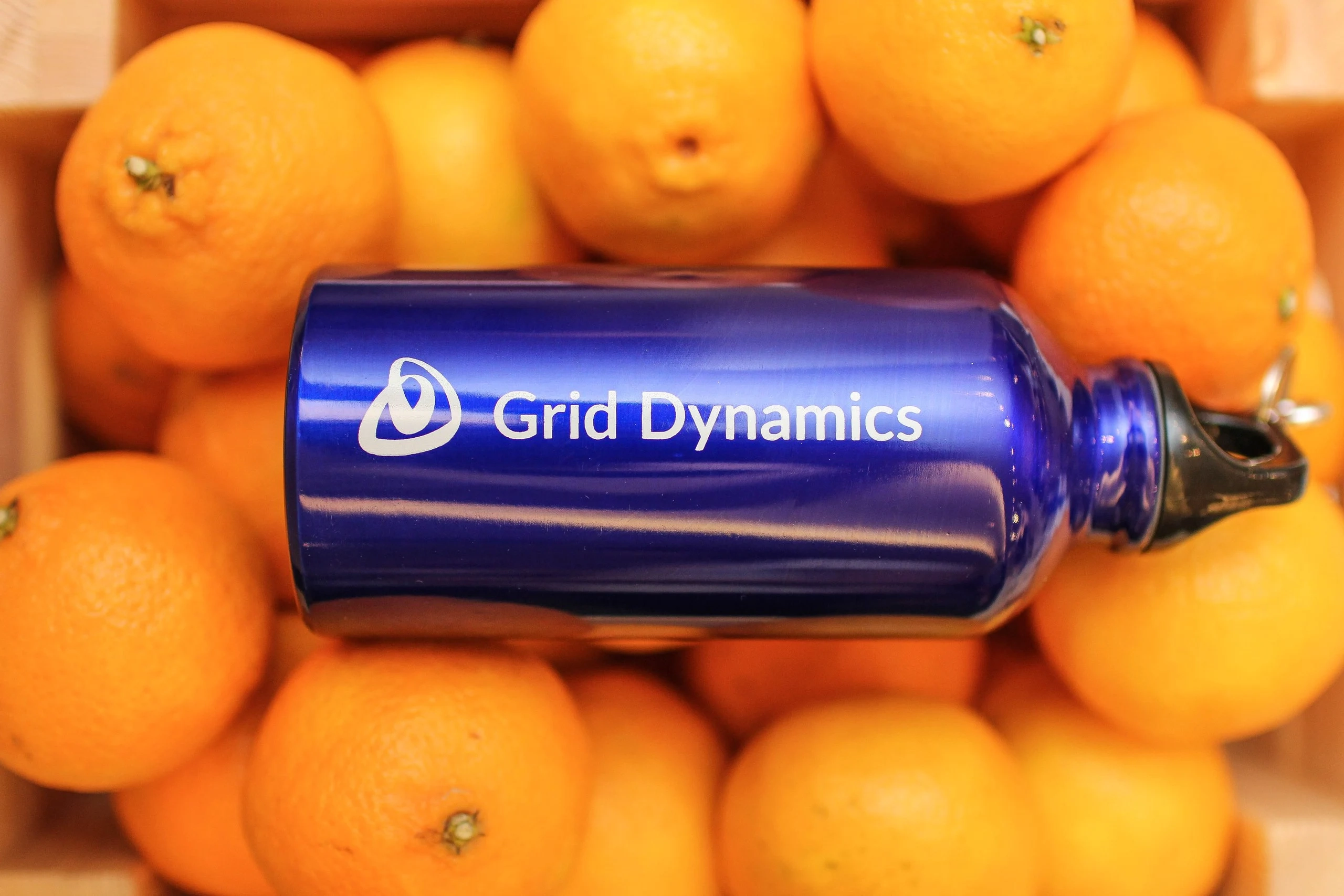 A blue Grid Dynamics branded water bottle placed on top of a pile of fresh oranges.