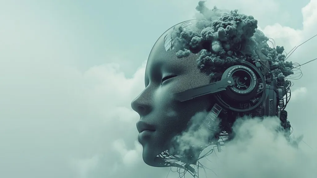 Futuristic representation of a human face merging with mechanical elements and smoke, creating a surreal effect.