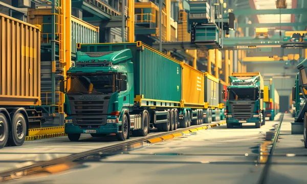Several green trucks with containers parked in a modern logistics facility.