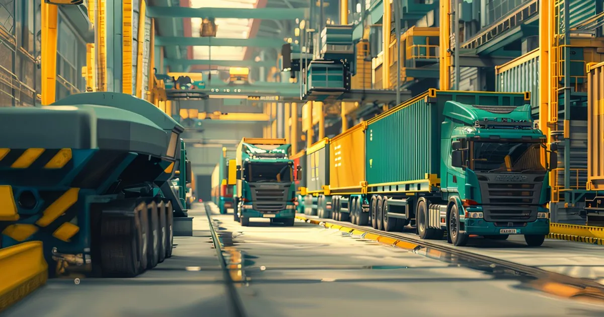 Teal trucks against a yellow warehouse background to represent transportation and warehouse management for supply chain resilience