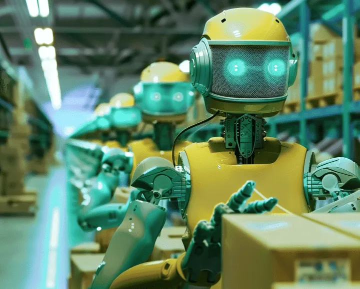 A yellow robot is packing a box