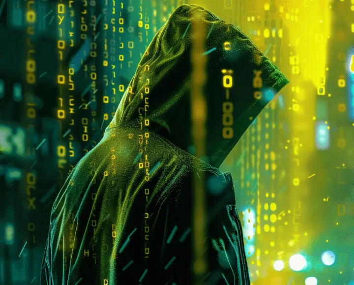 A person in a dark hoodie controlling cyber security