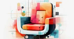 A colorful, abstract depiction of a modern armchair with geometric patterns.