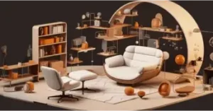 Modern living room with a lounge chair and bookshelf.