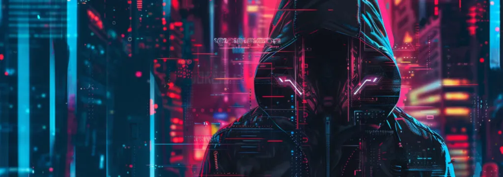 Person in hoodie with a tech background representing cybersecurity threats