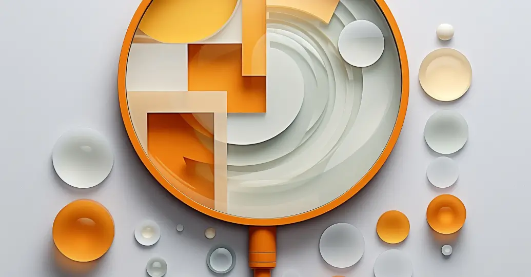 Abstract orange and white circular design with scattered shapes
