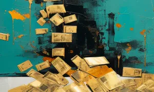 Abstract painting with golden bricks falling in front of a teal and black background.
