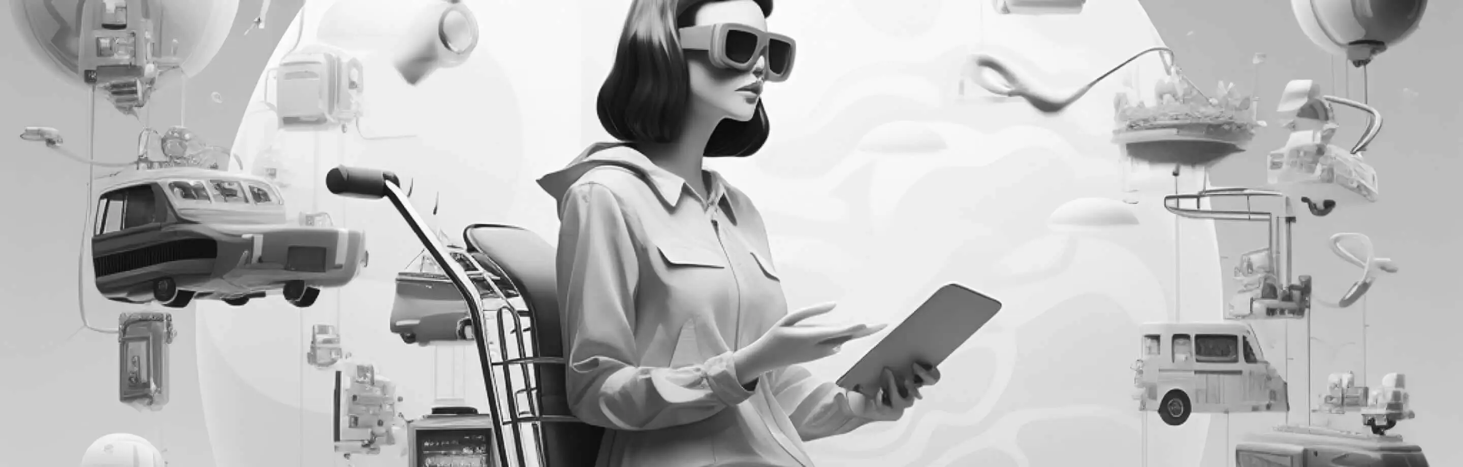 A person wearing VR goggles, interacting with a tablet, surrounded by floating futuristic vehicles and devices.
