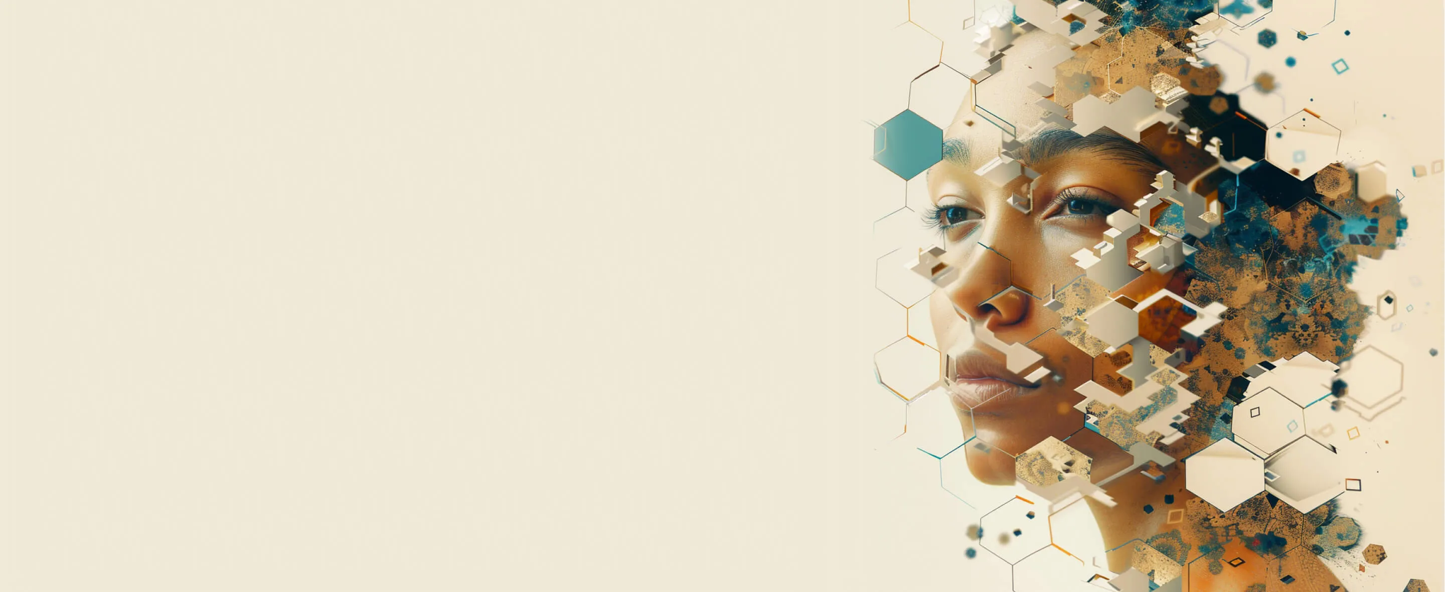 A face dissolving into abstract hexagonal and geometric shapes.