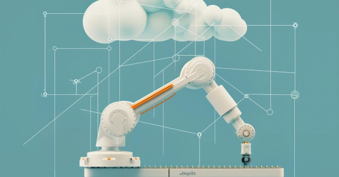 Robotic arm working beneath a digital cloud, with connected geometric lines in the background.