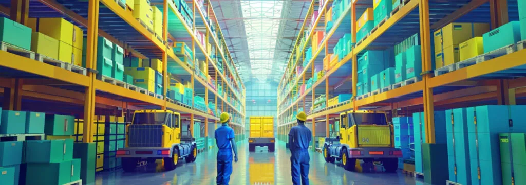 Two workers oversee operations in a large, organized warehouse