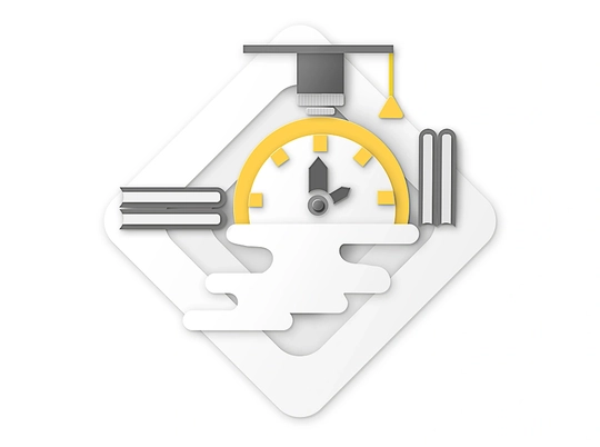 Illustration of a clock with a graduation cap, books, and a scroll.