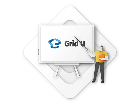 Person pointing to a board with 'Grid U' logo, representing training or education.
