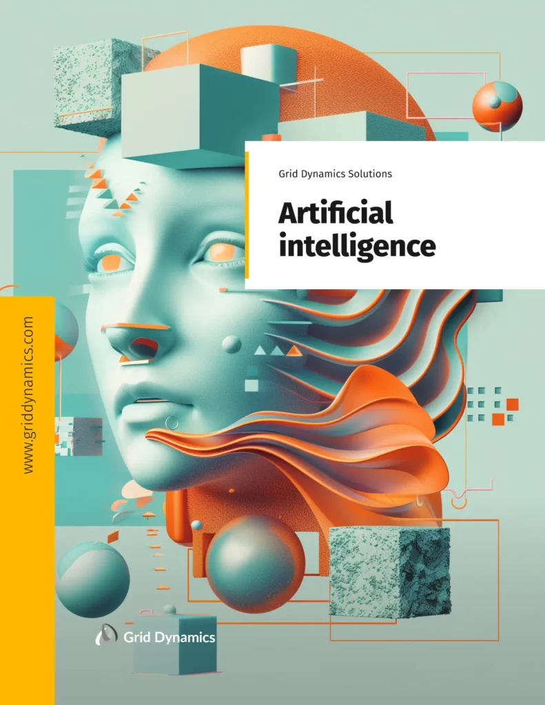 Turquoise AI face surrounded by geometric shapes