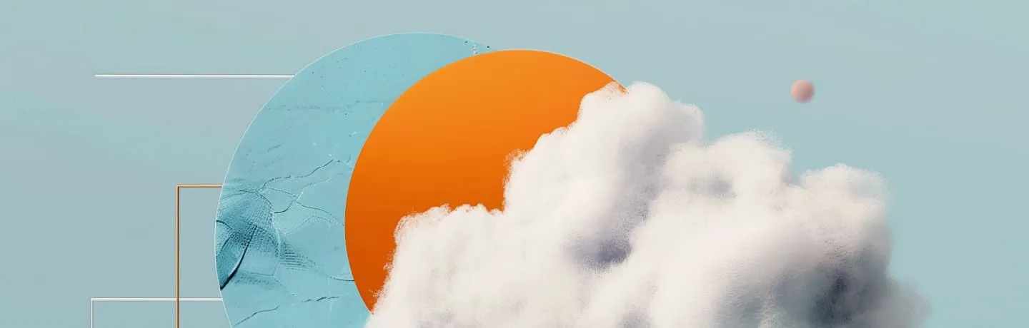 cloud juxtaposed against an orange circle, symbolizing the concept of cloud computing and digital transformation.