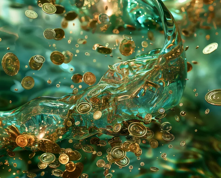 Gold coins flowing through a water stream