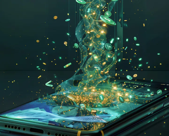 Coins falling onto a mobile phone