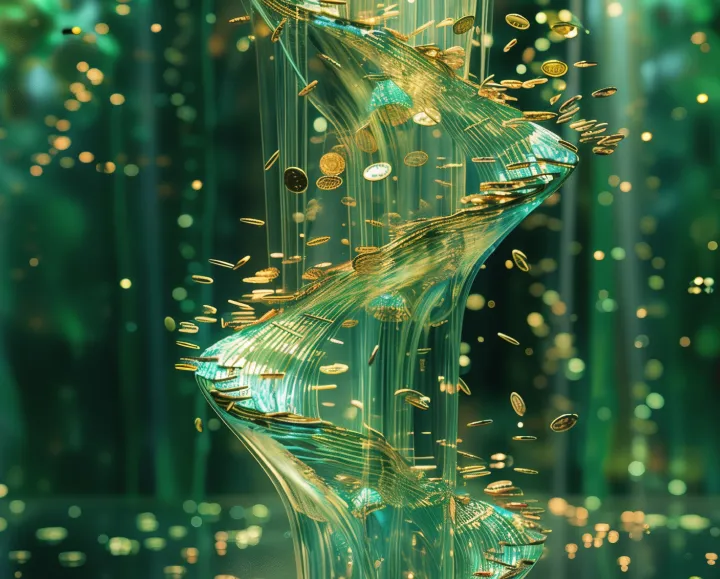 Gold coins sliding down a green glass slide