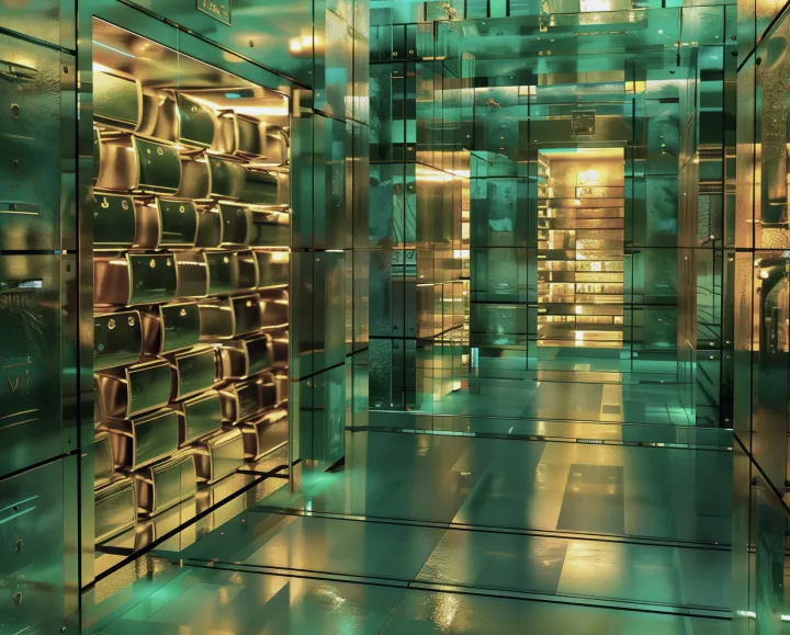Gold and green futuristic safe vault