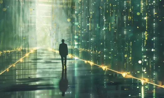A man walking through a futuristic hallway