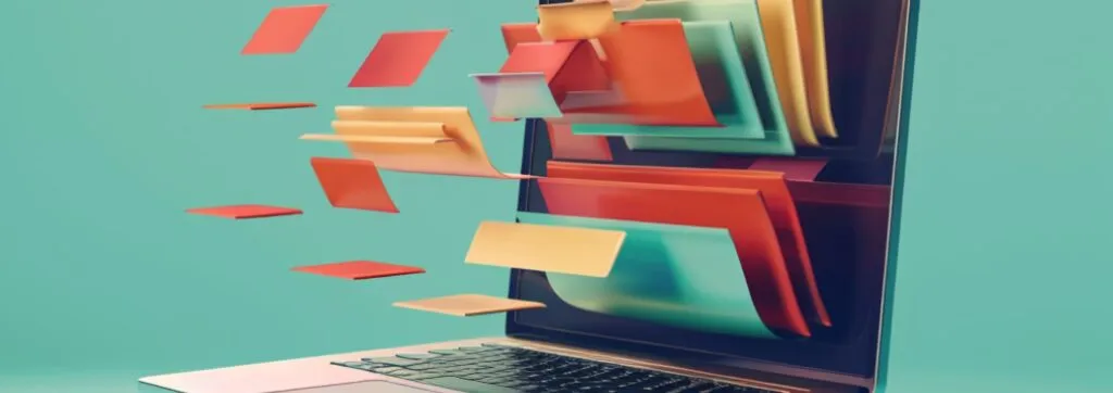Abstract image of files and folders emerging from a laptop screen.
