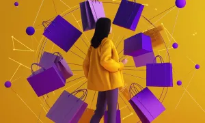 Woman facing floating purple shopping bags with a yellow network background