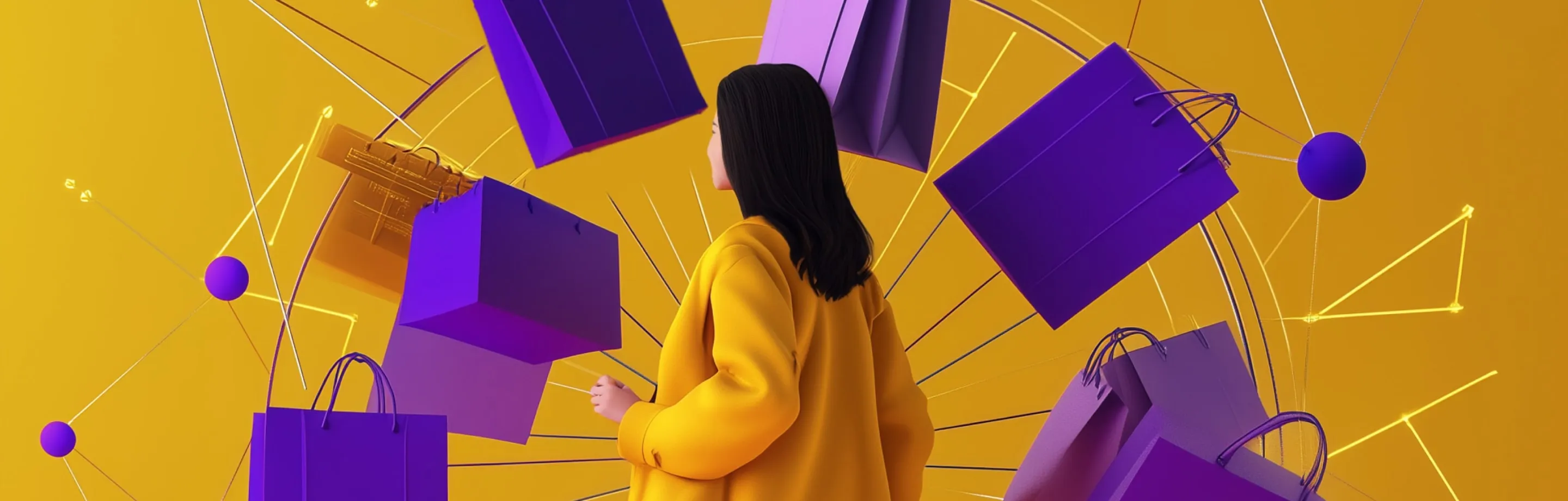 Woman facing floating purple shopping bags with a yellow network background