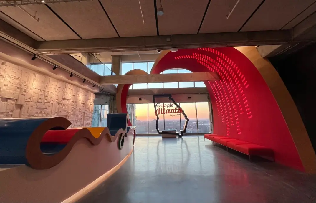 Google Atlanta office entrance with modern interior design and sunset view