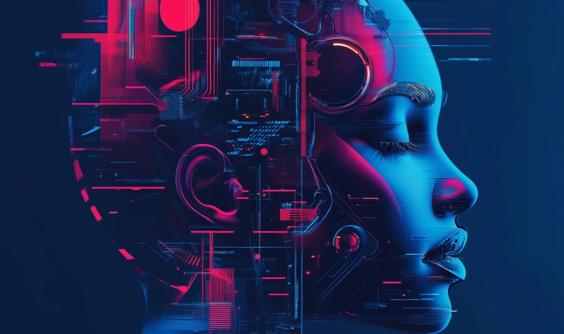 Human face profile, blending with futuristic circuits and glowing neon elements
