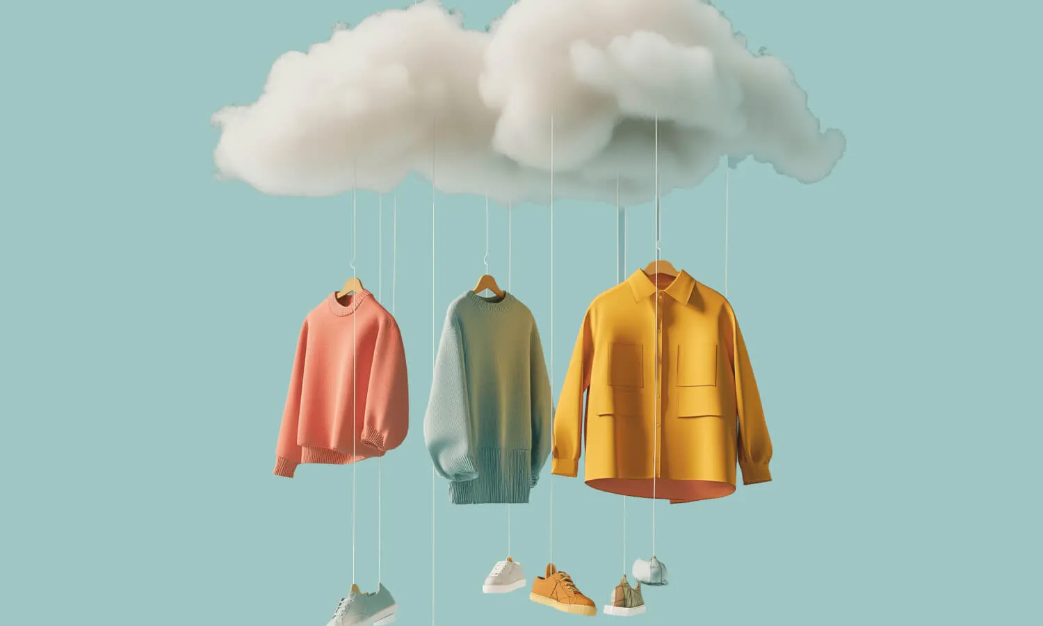 Three colorful shirts hanging from a cloud.