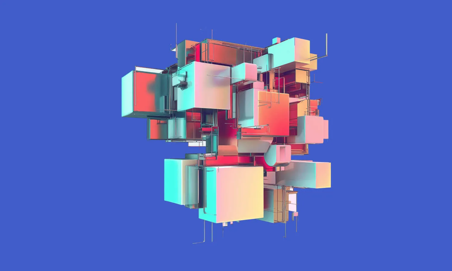 Abstract 3D structure with interconnected cubes on a blue background.