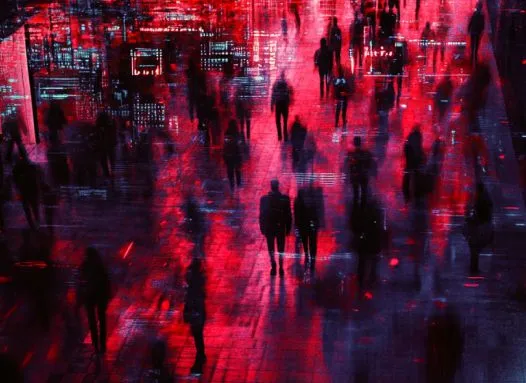 Abstract visualization of people in motion with red and blue digital elements