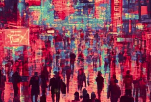 Blurred crowd in a vibrant, digital setting