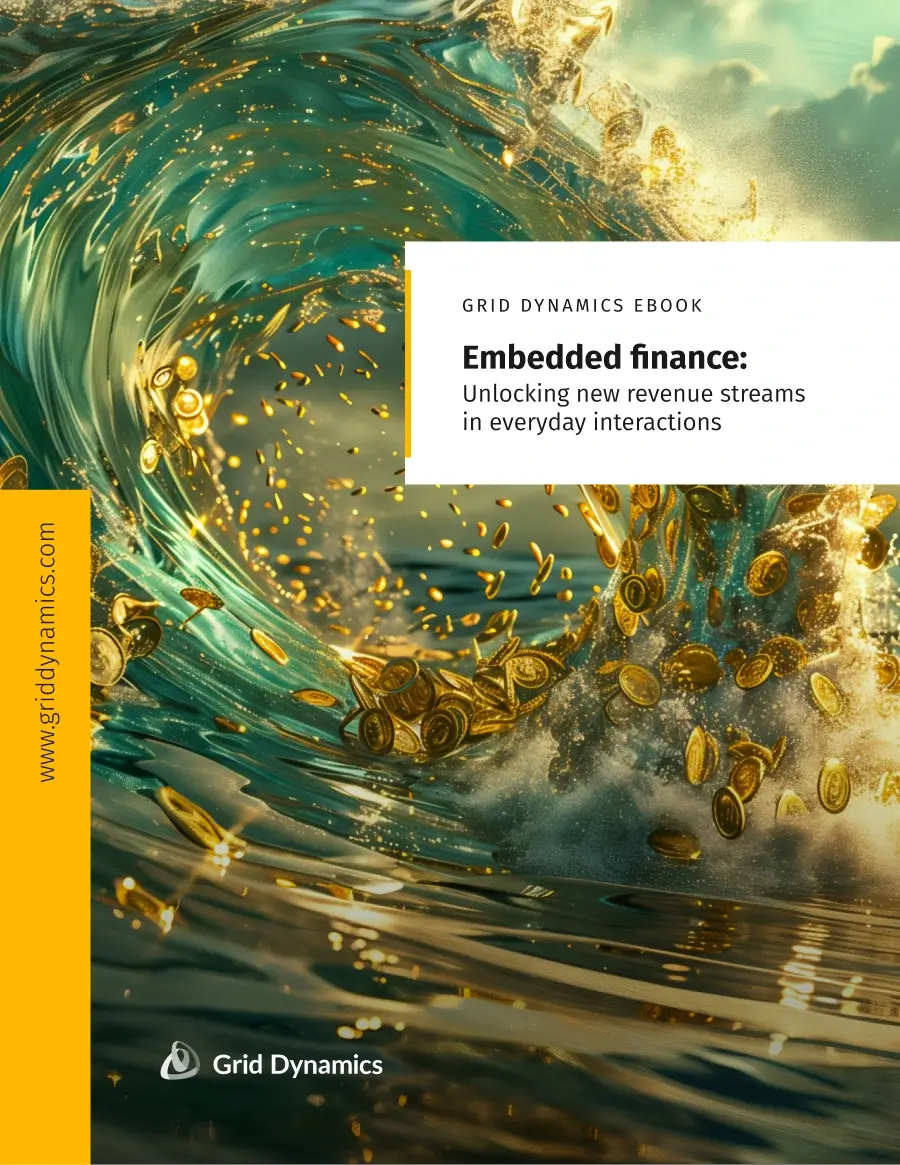 eBook cover for Embedded Finance with swirling coins wave in the background.