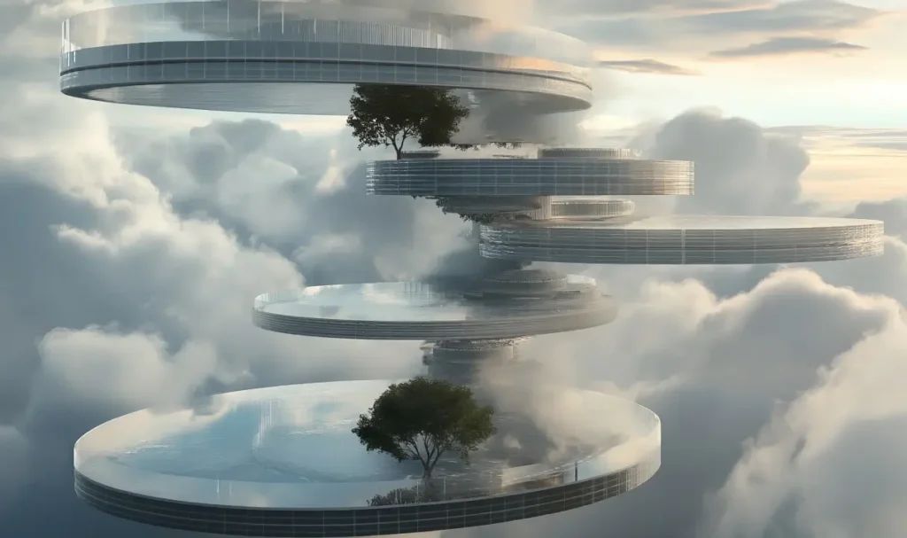 Futuristic cloud platforms with circular structures and trees, floating above the clouds.