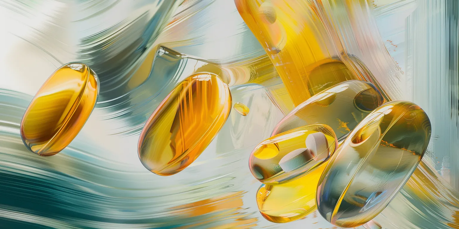 Glass-like, yellow and orange shapes floating on a swirling, pastel background