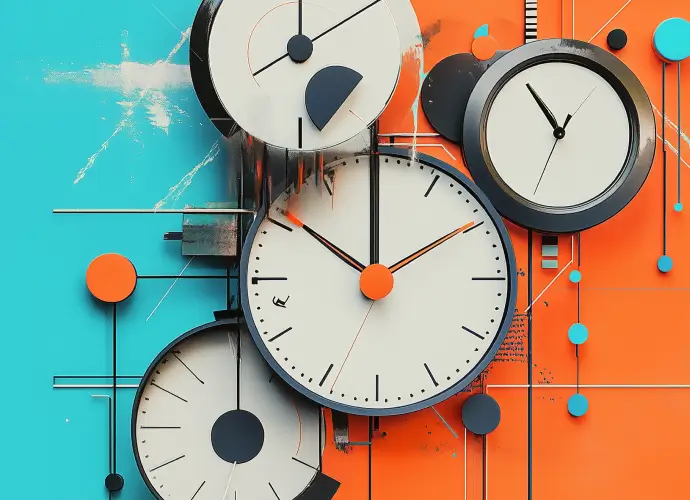 Multiple clock faces in a mix of blue and orange colors.