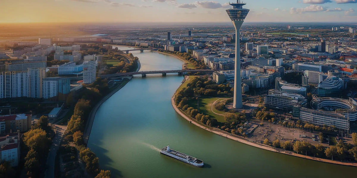 View of Dusseldorf with the Rhine River and Rhine Tower.