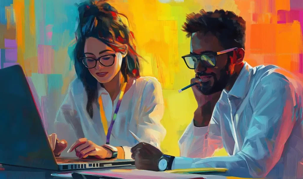 Two professionals working together on a laptop