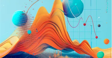 Data waves and geometric shapes in orange and blue with charts and graphs in the background
