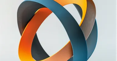 Abstract 3D geometric shape with interlocking blue and orange bands