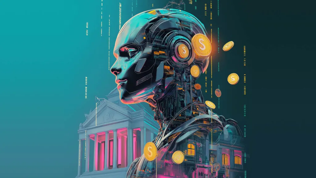 AI robot with coins and a financial building