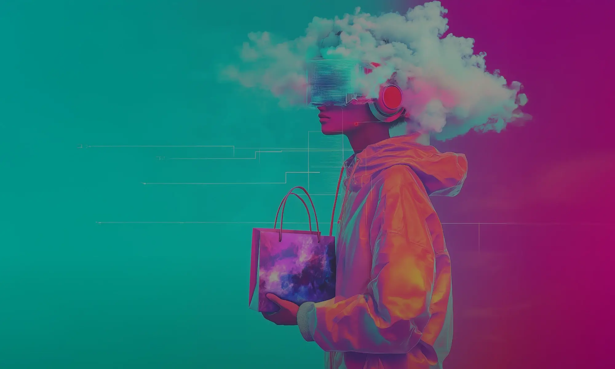 A person with headphones holding a shopping bag