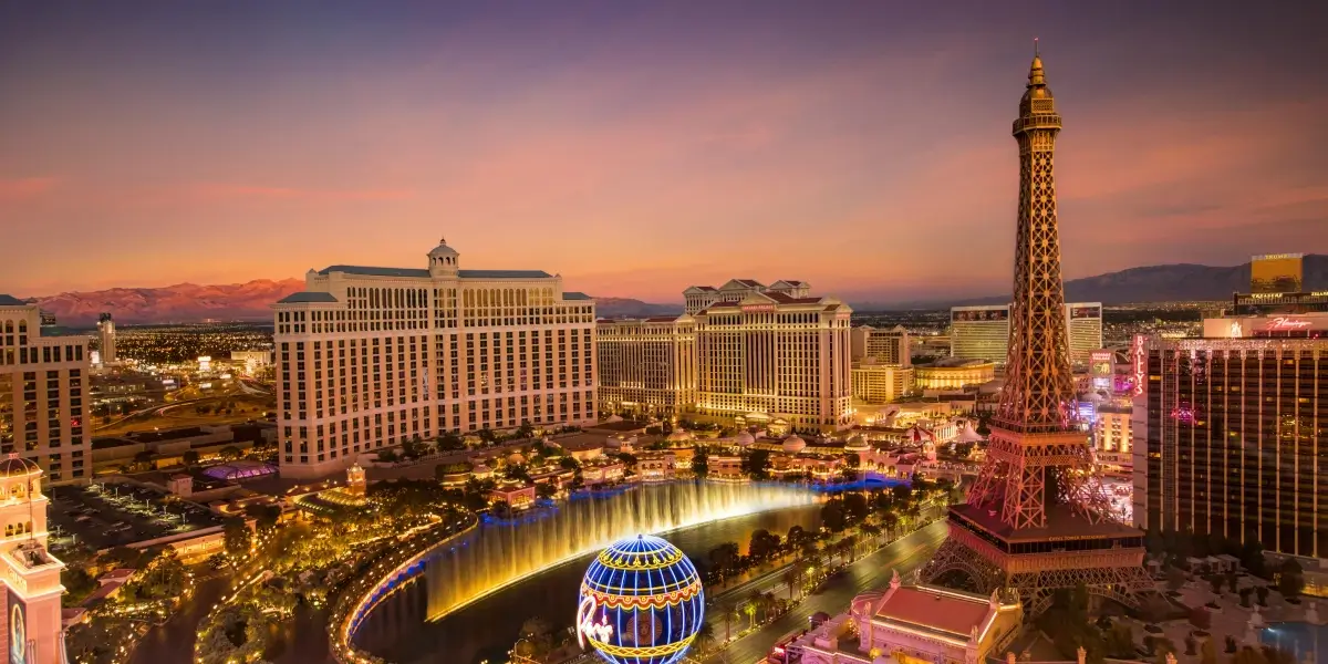 Bellagio fountains and Las Vegas Strip at sunset
